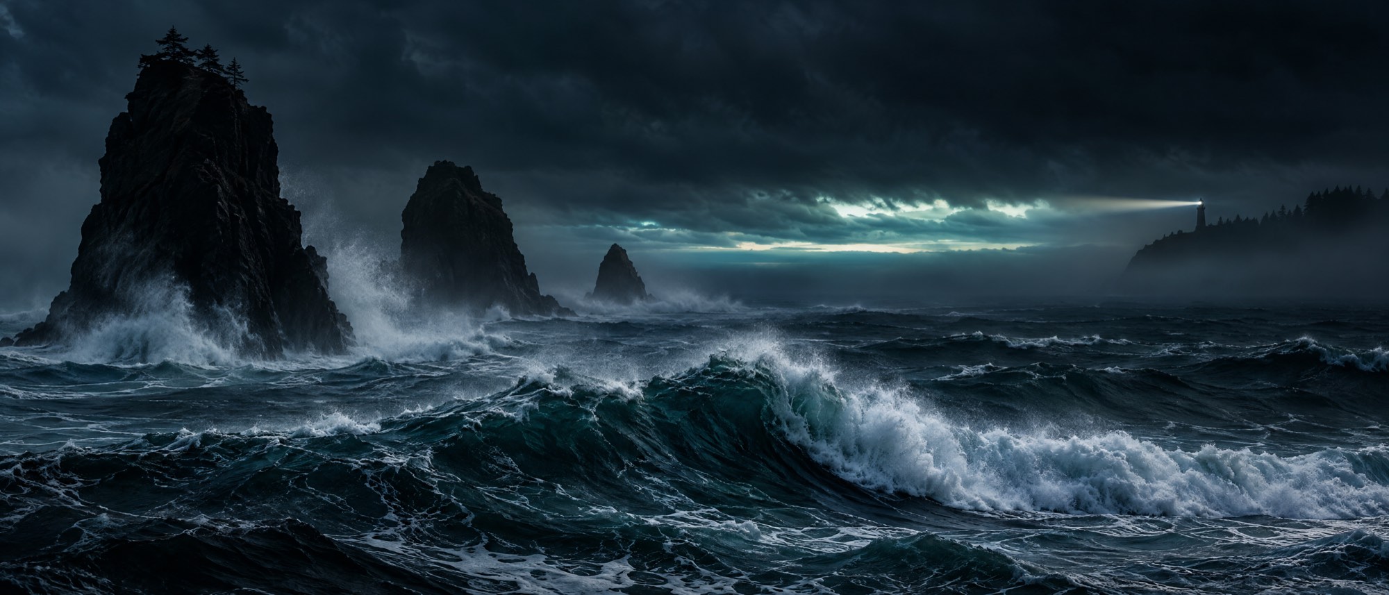 Heavy swell breaking on basalt sea stacks before dawn, a lighthouse beam in the fog