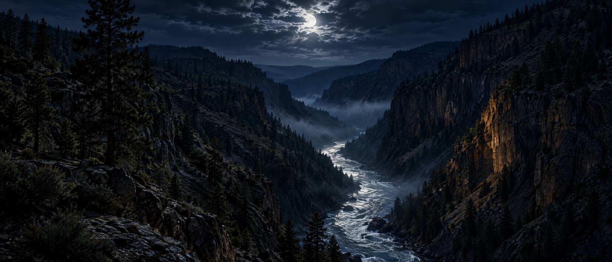 A moonlit river canyon in the Idaho backcountry