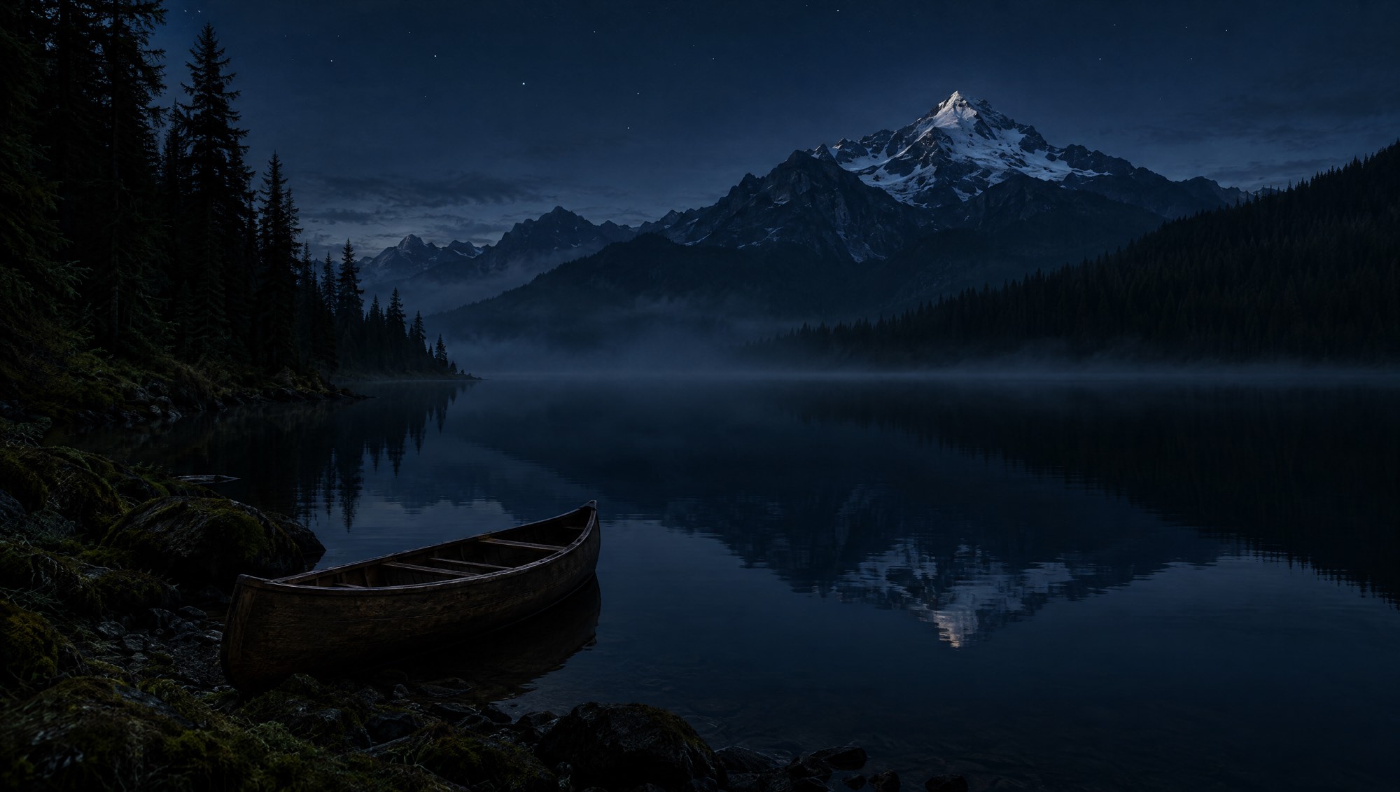 A still lake before dawn with one canoe on the water
