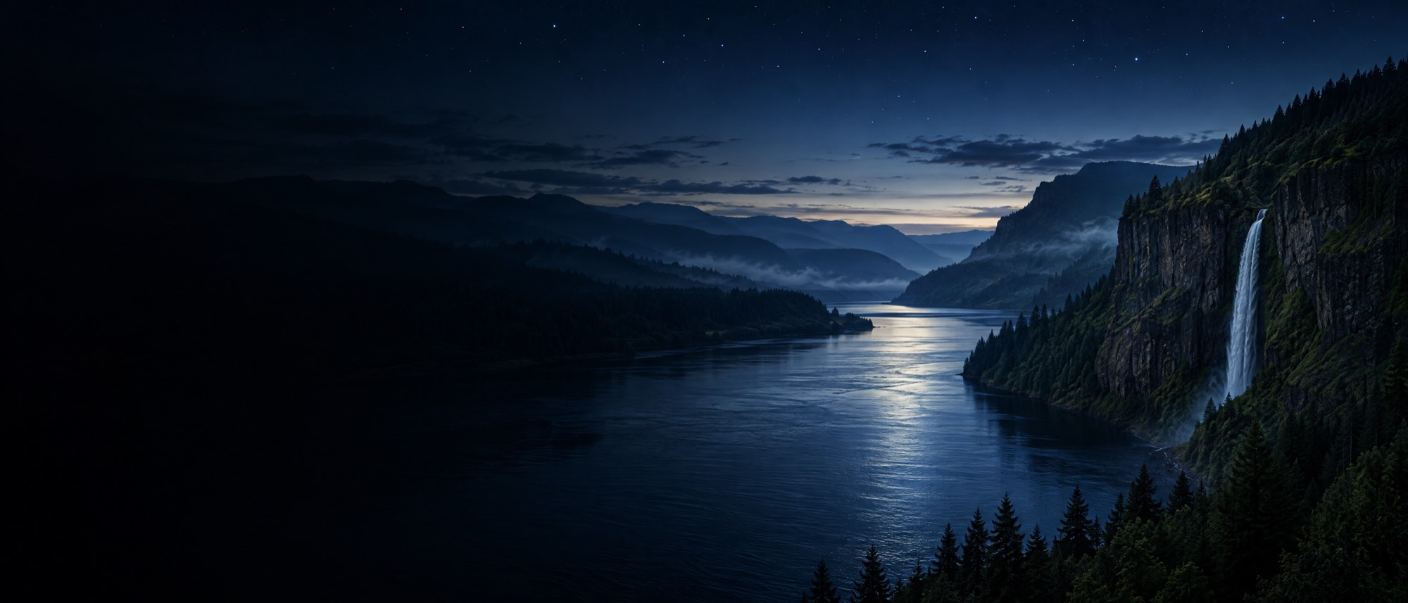 The Columbia River Gorge at dusk, a waterfall dropping off basalt cliffs above the river