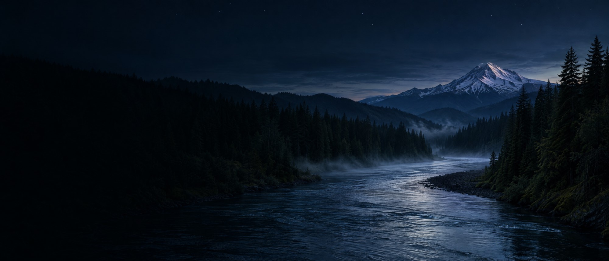 A river bending through dark fir forest at blue hour, mist on the water, a snow peak behind
