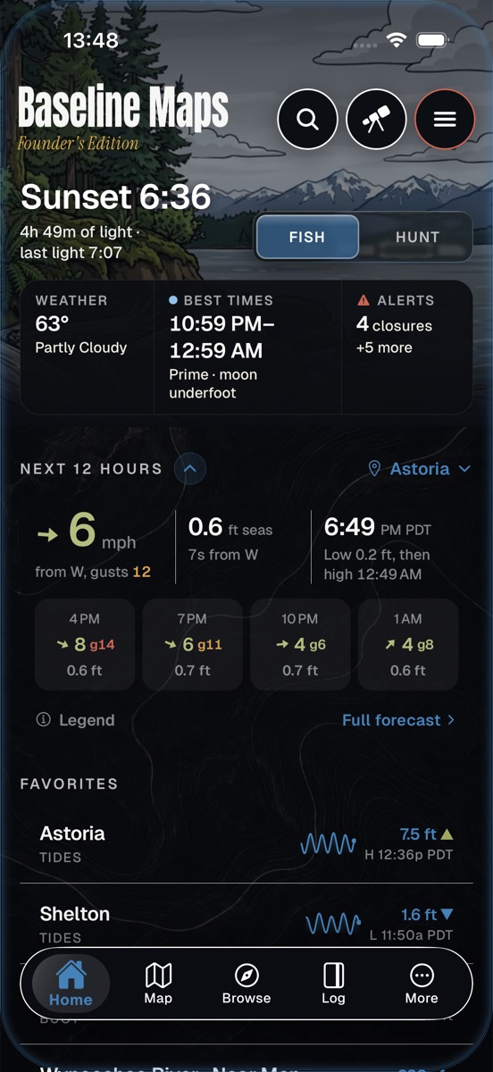 Home screen in Fish mode showing weather, best times, alerts, the next 12 hours of wind and seas, and favorite tide stations